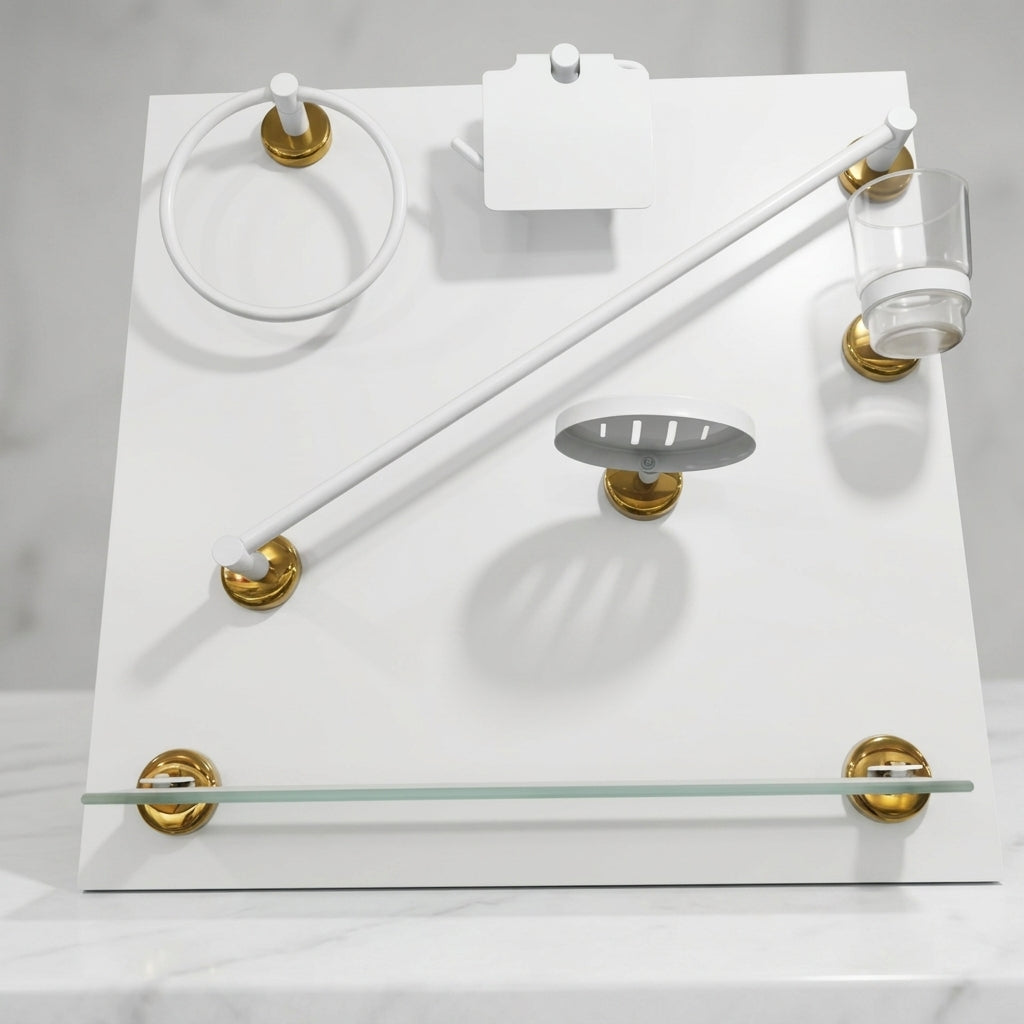 Washroom Accessories Set - Matte White & Golden