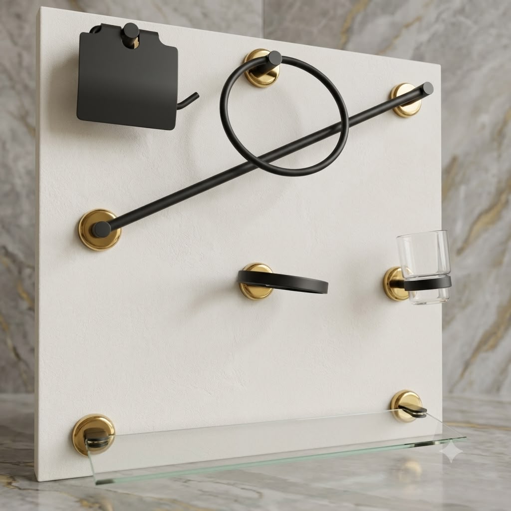 Washroom Accessories Set - Matte Black & Golden